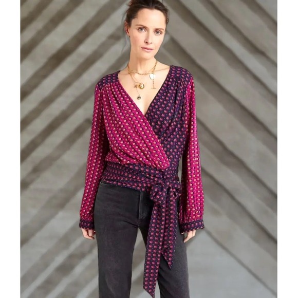 Anthropologie Tops - Anthropologie Wrap Blouse in Magenta and Navy
